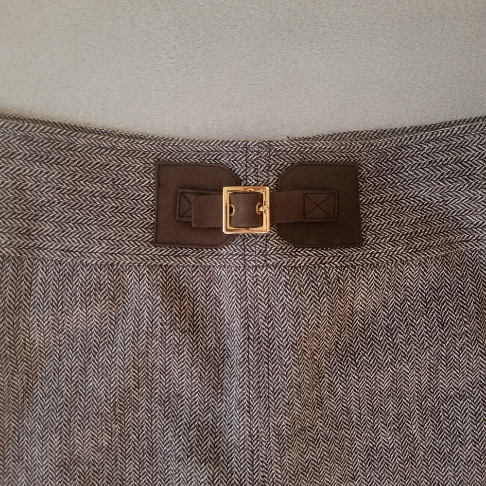 Tory Burch Brown Wool Herringbone Pencil Skirt 8 Leather Buckle - Picture 8 of 8